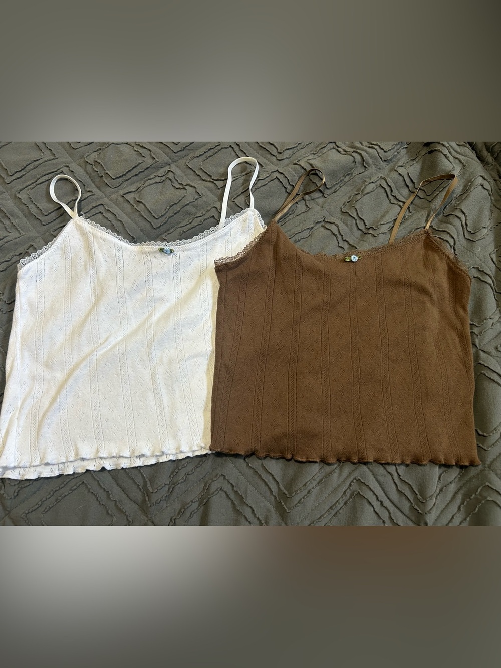 Cotton On White and Brown Ribbed Lace-Trim Cami Tops